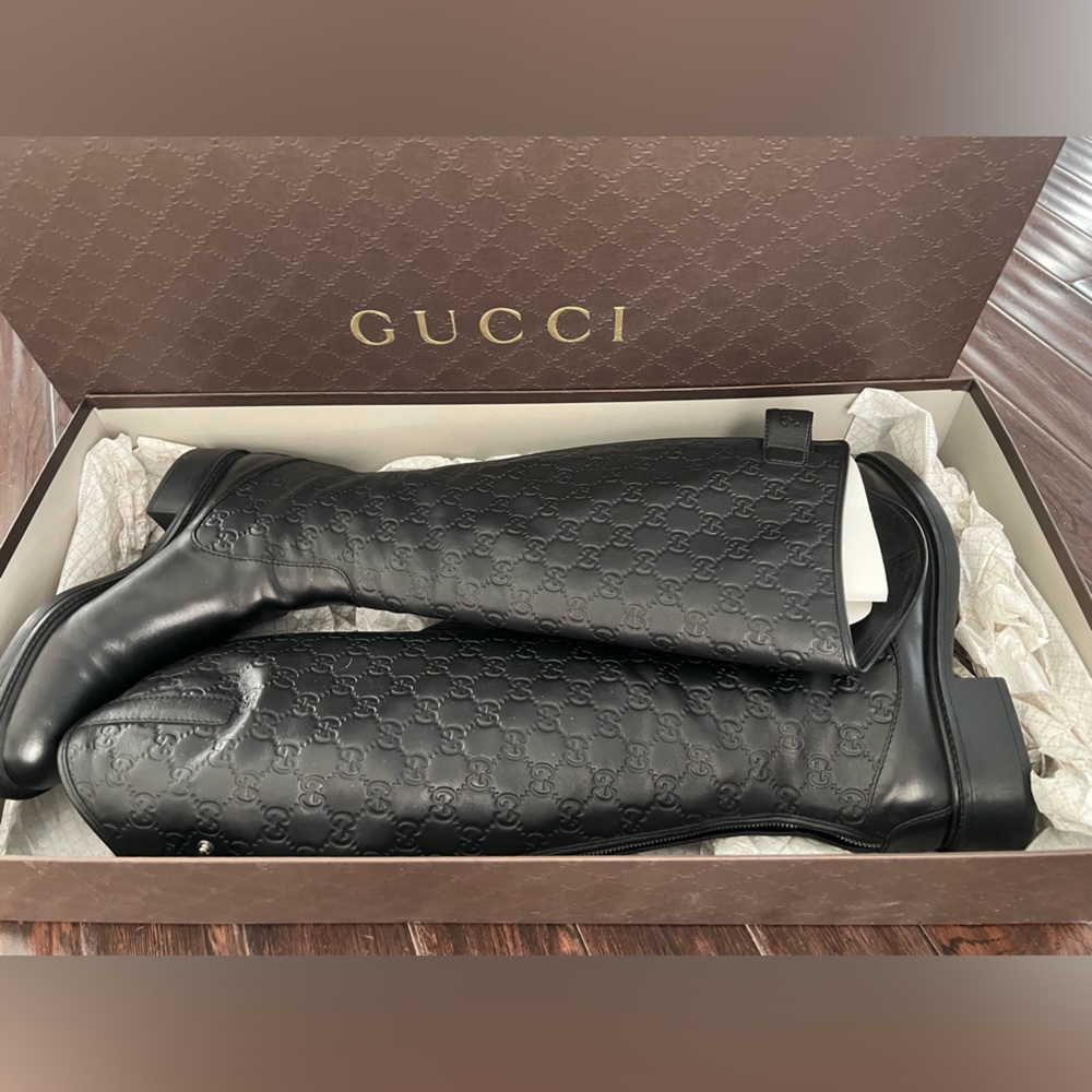 Black Gucci Guccissima Calfskin Miro Soft Knee High Riding Boots size 38 /8
